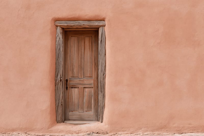 A weathered wooden door set into a terracotta adobe wall