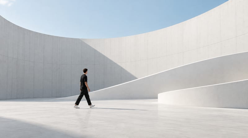 A person walking across a sunlit courtyard enclosed by curved white concrete walls