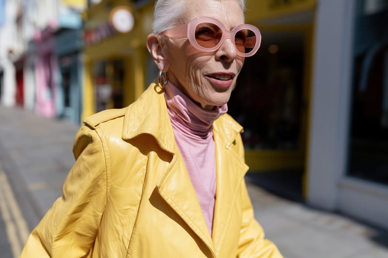 A woman with white hair in pink round sunglasses and a yellow leather coat on a sunny street