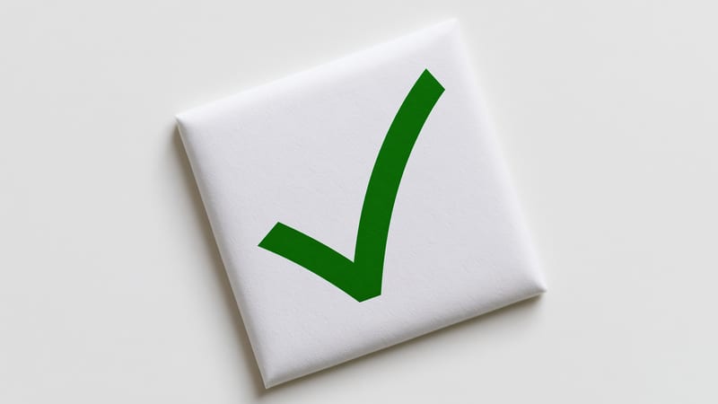 A white card marked with a large green check mark, lying on a pale grey surface
